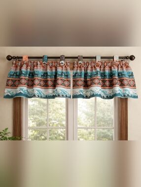 Western Southwestern Window valance Horses Mountain Rider Button 2 Panel Cabin
